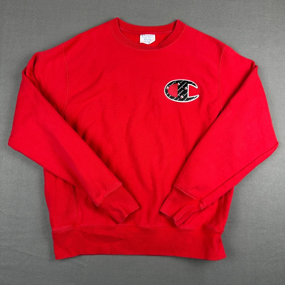 Champion Reverse Weave Sweatshirt Red Big C Logo Pullover Fleece Mens Medium